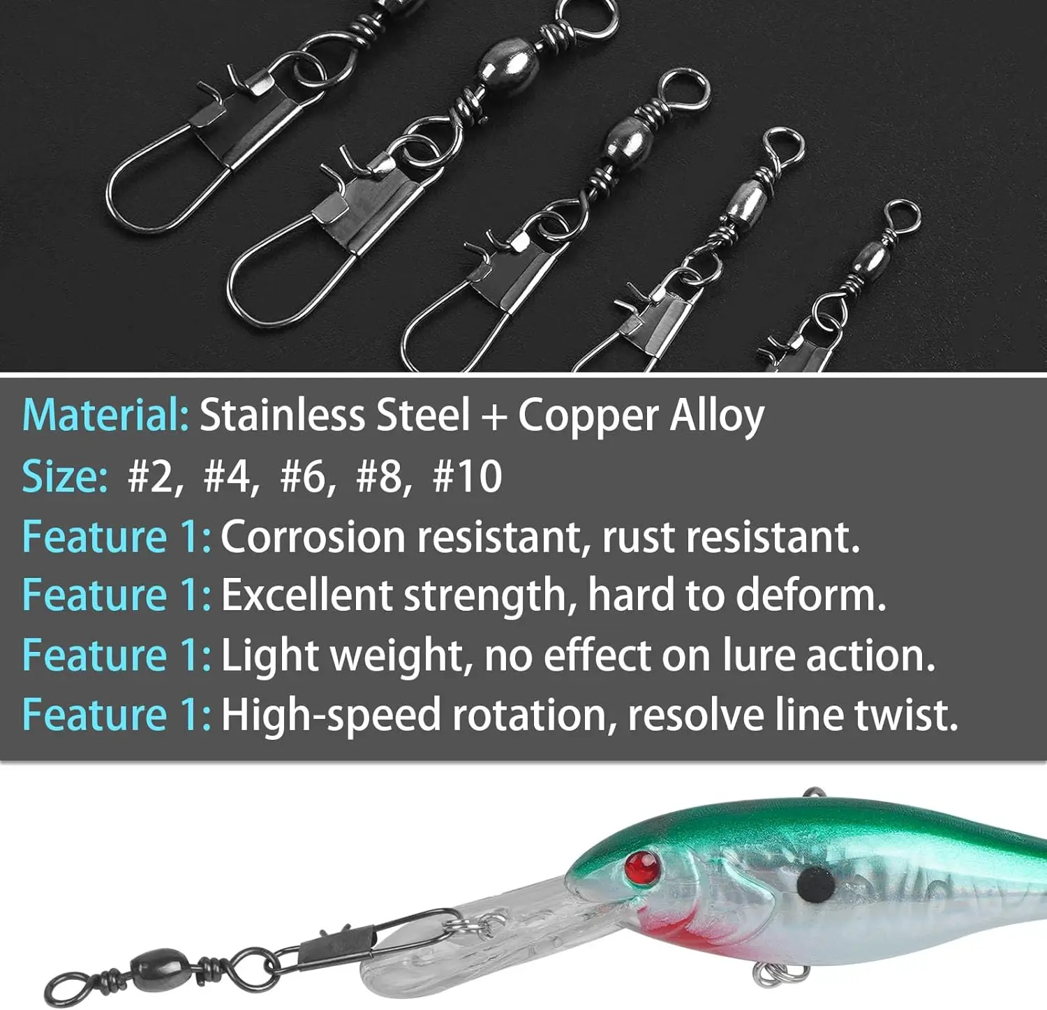 Barril giratorio de cobre con clip de seguridad para pesca - imagen 5