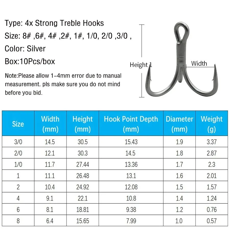 Anzuelos triples de pesca 4X en varios tamaños