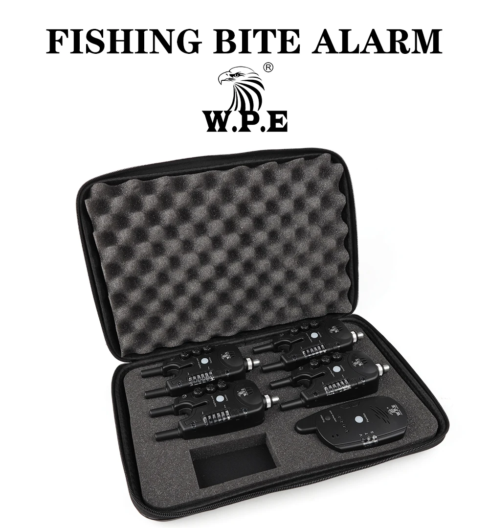 Juego completo de alarmas de pesca W.P.E 4+1 con receptor LED inalámbrico