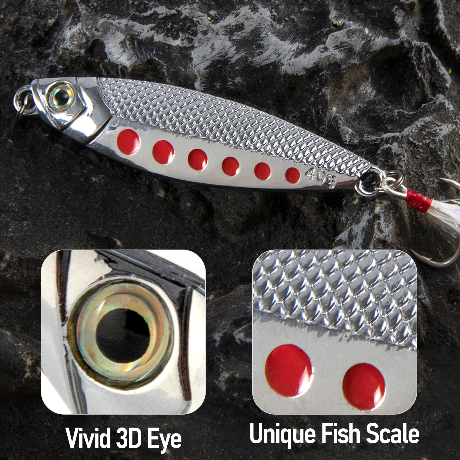 Cucharilla Jig Metal 15g-30g con triple anzuelo y plumas para lubina y corvina - imagen 3