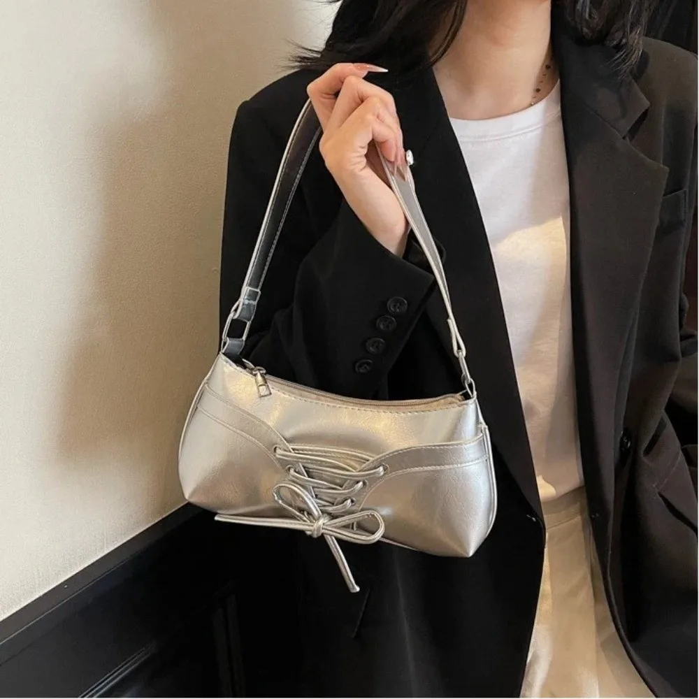 Bolso de hombro en cuero PU para mujer con lazo moda y color sólido - imagen 3