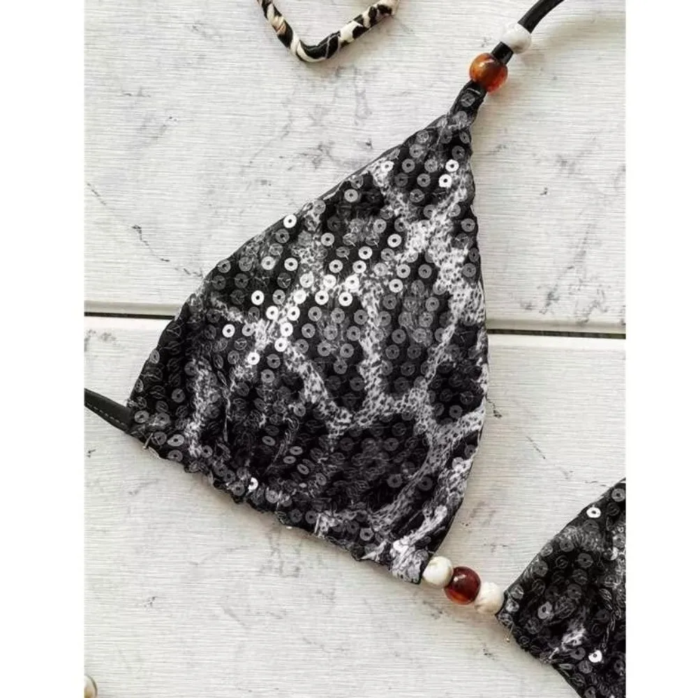 Bikini leopardo con espalda cruzada con cordones y pedrería - imagen 2