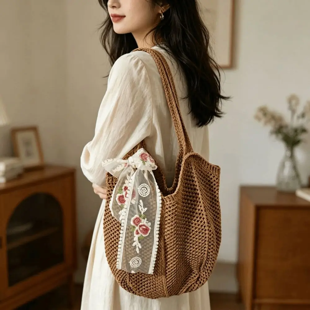 Bolso de ganchillo bohemio de gran capacidad, ligero, con lazo - imagen 2