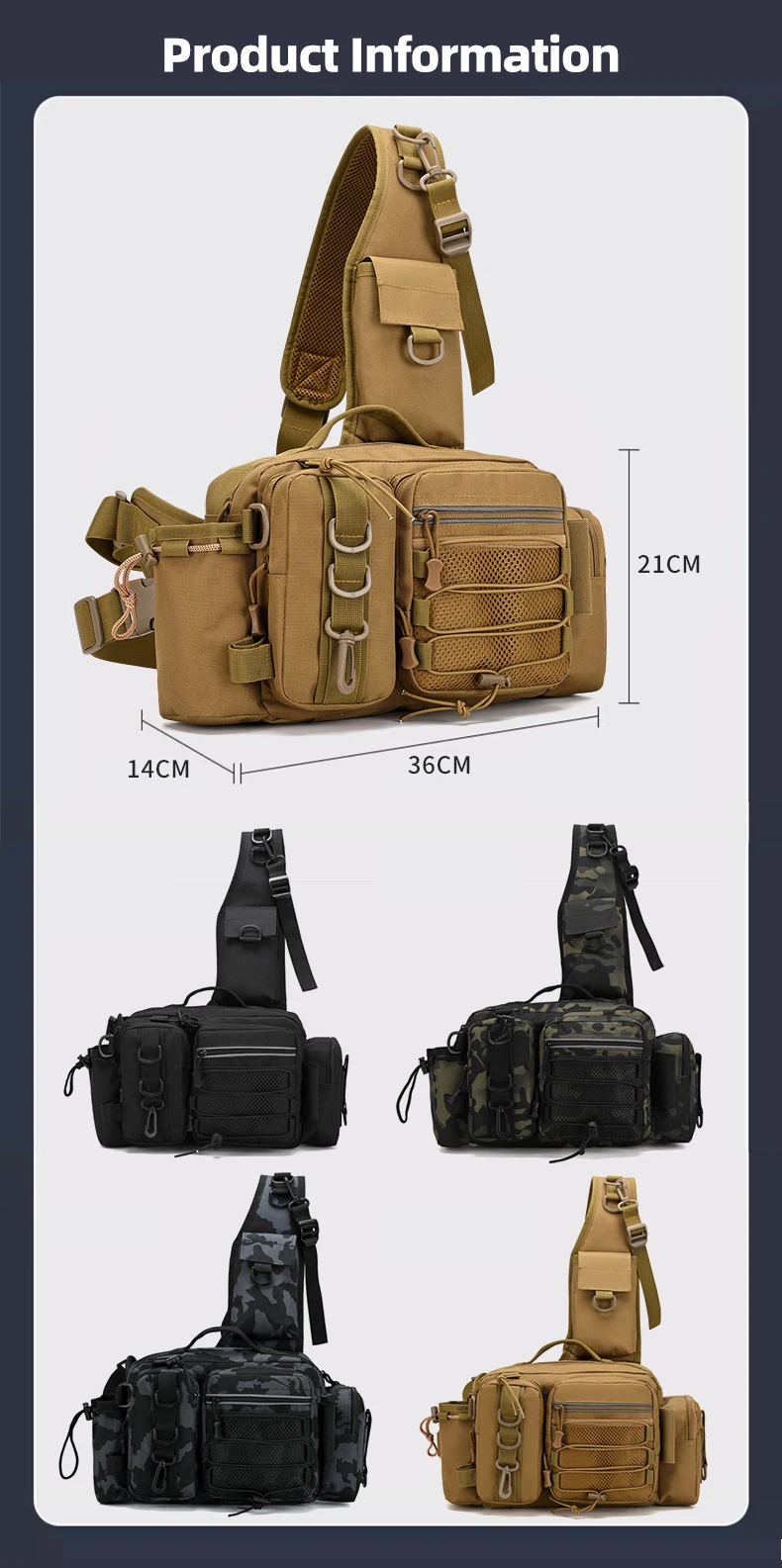 Mochila táctica de pesca scione con sistema Molle y soportes para cañas