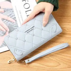 Cartera larga de cuero PU con cremallera y tarjetero bordado