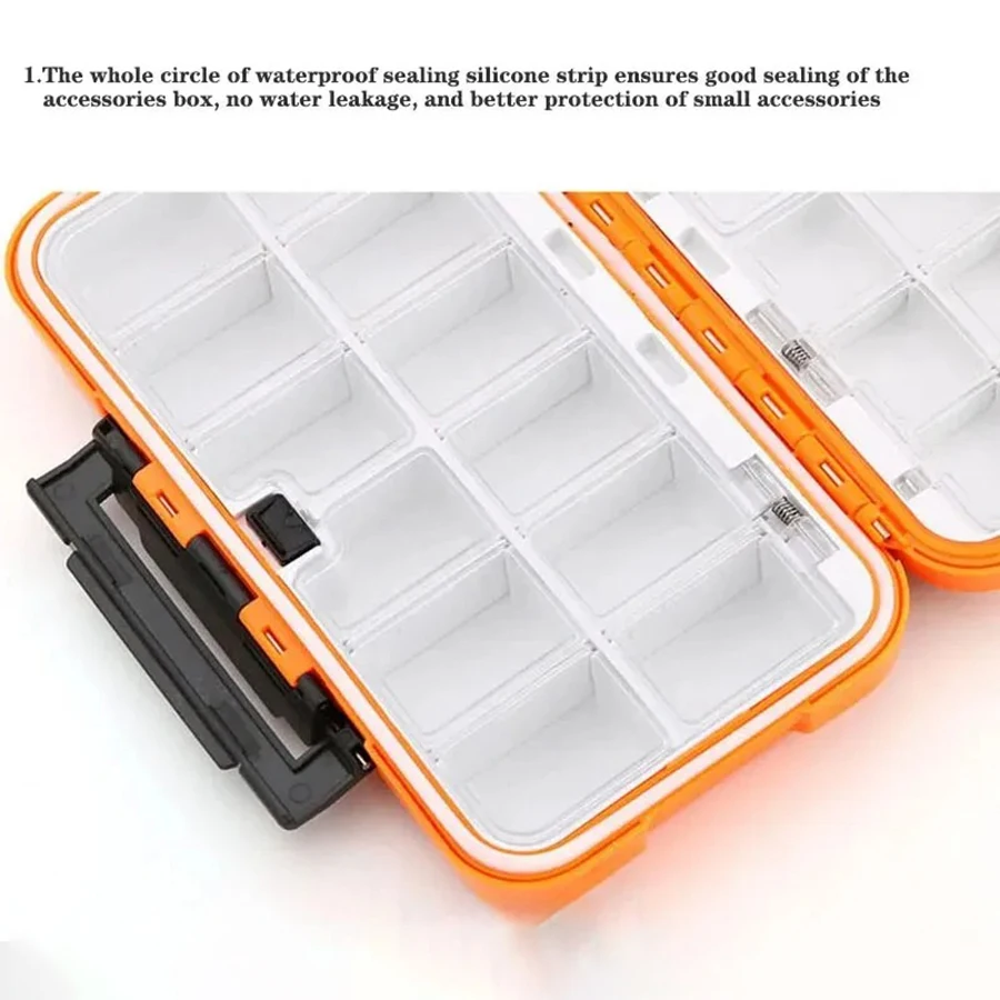 Caja de aparejos abierta con todos los compartimentos visibles