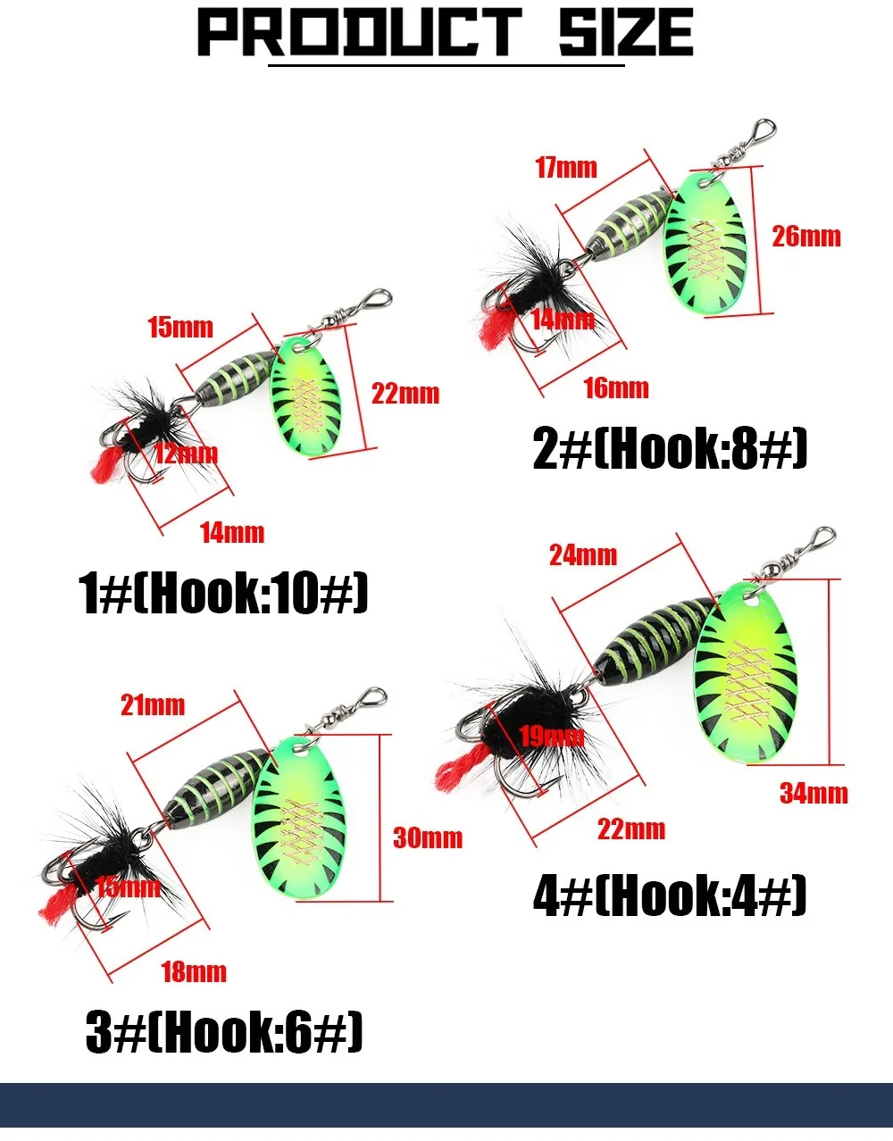 Variedad de colores disponibles para el señuelo de pesca tipo cuchara