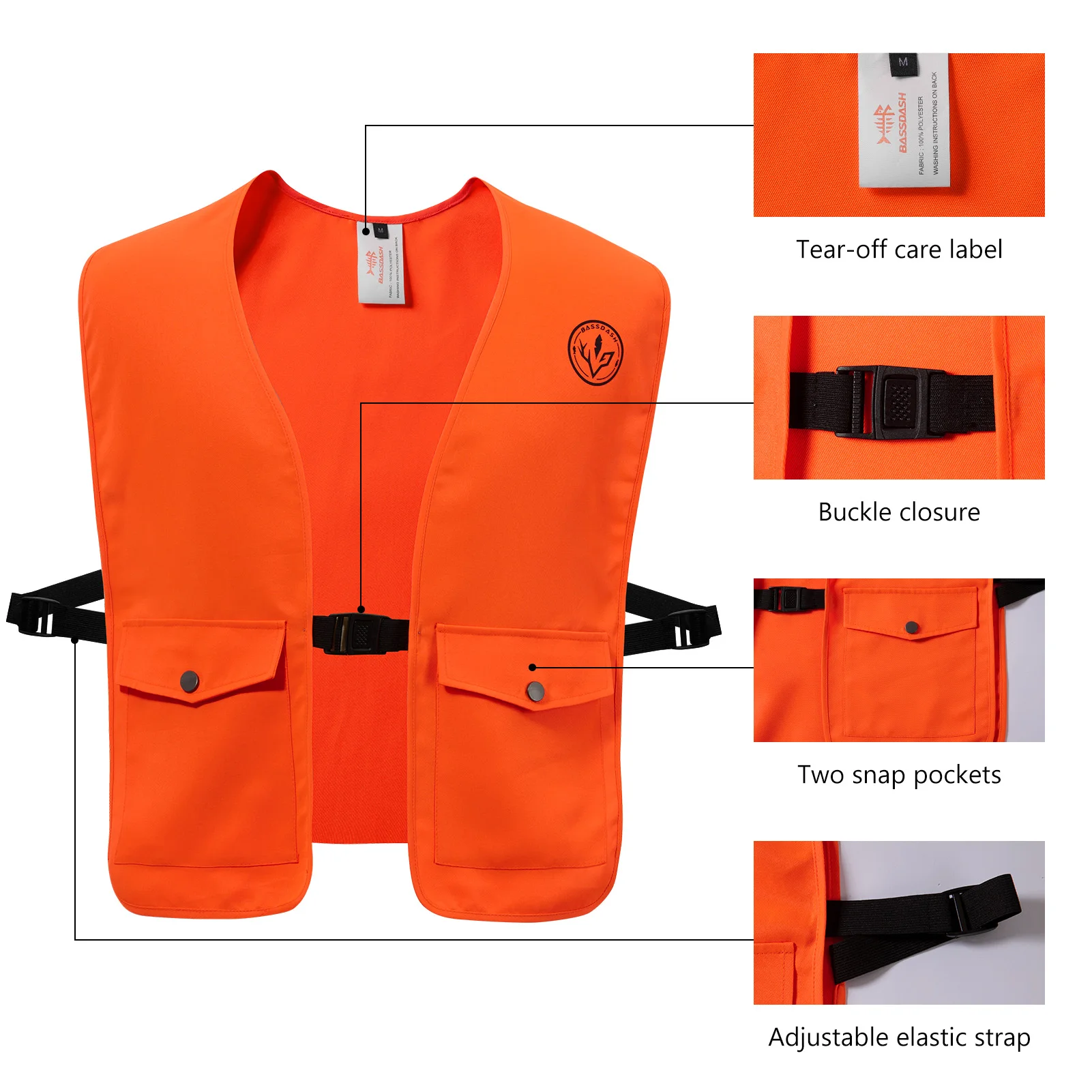 Chaleco reflectante BASSDASH Blaze Orange visibilidad alta pesca - imagen 4