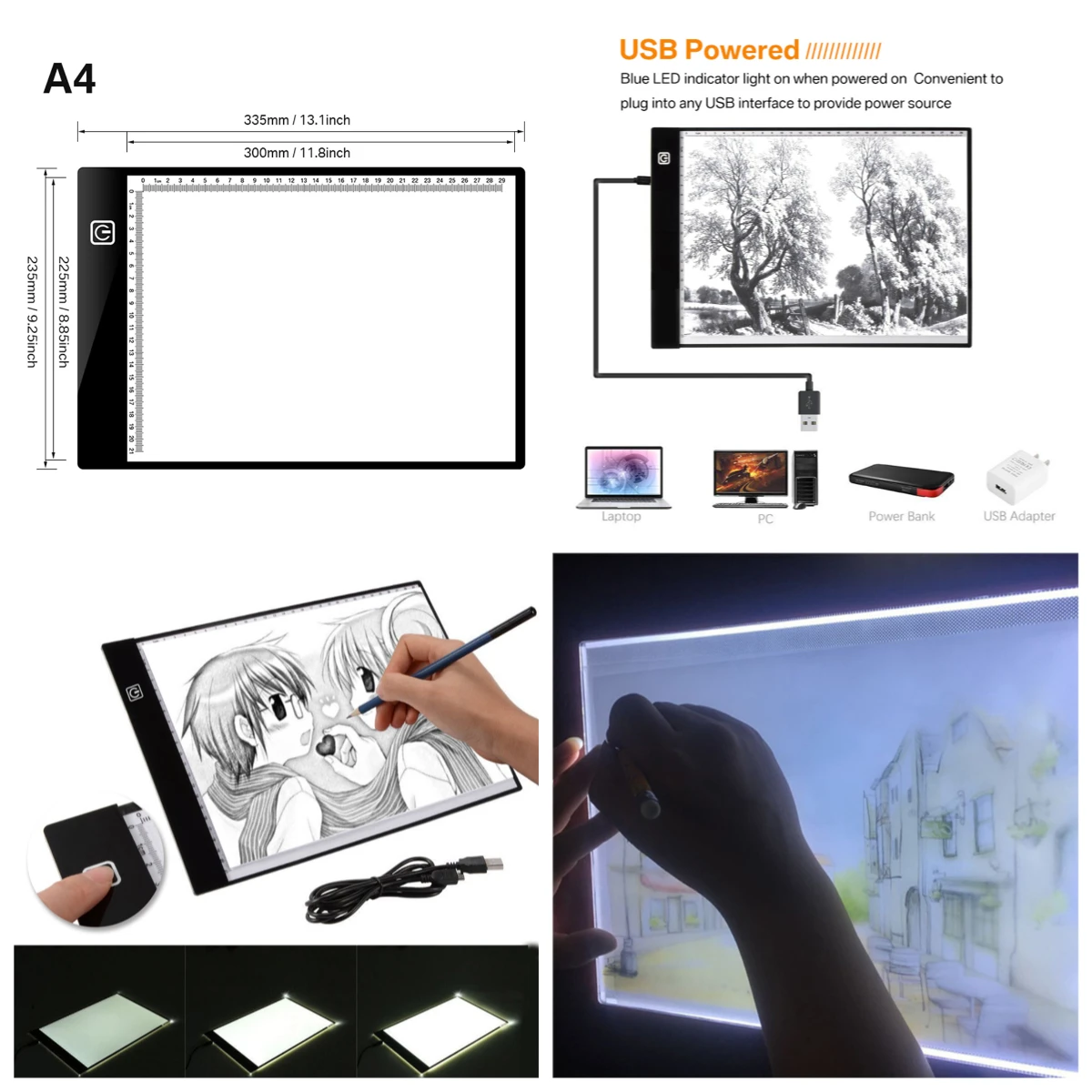 Lámparas de Mesa LED regulables A3/A4 – Tablero de luz profesional para manualidades - imagen 4