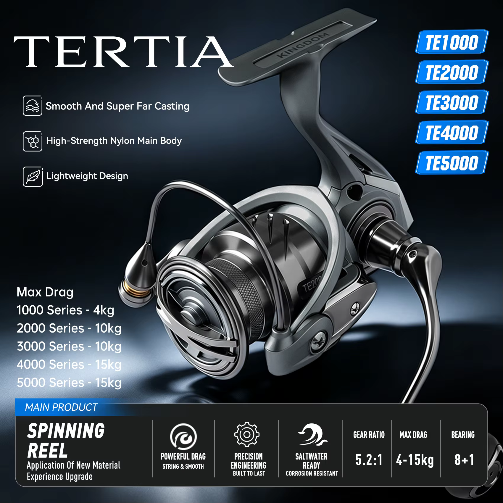 Kingdom TERTIA – Carrete de spinning con freno de 15 kg