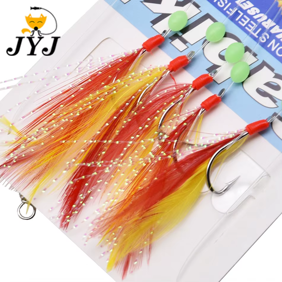 Anzuelos Sabiki JYJ HOOK con plumas roja y amarilla para sardinas - imagen 3