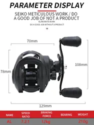 Carrete Baitcasting de Metal Ambidestro 7,2:1 con Freno Magnético
