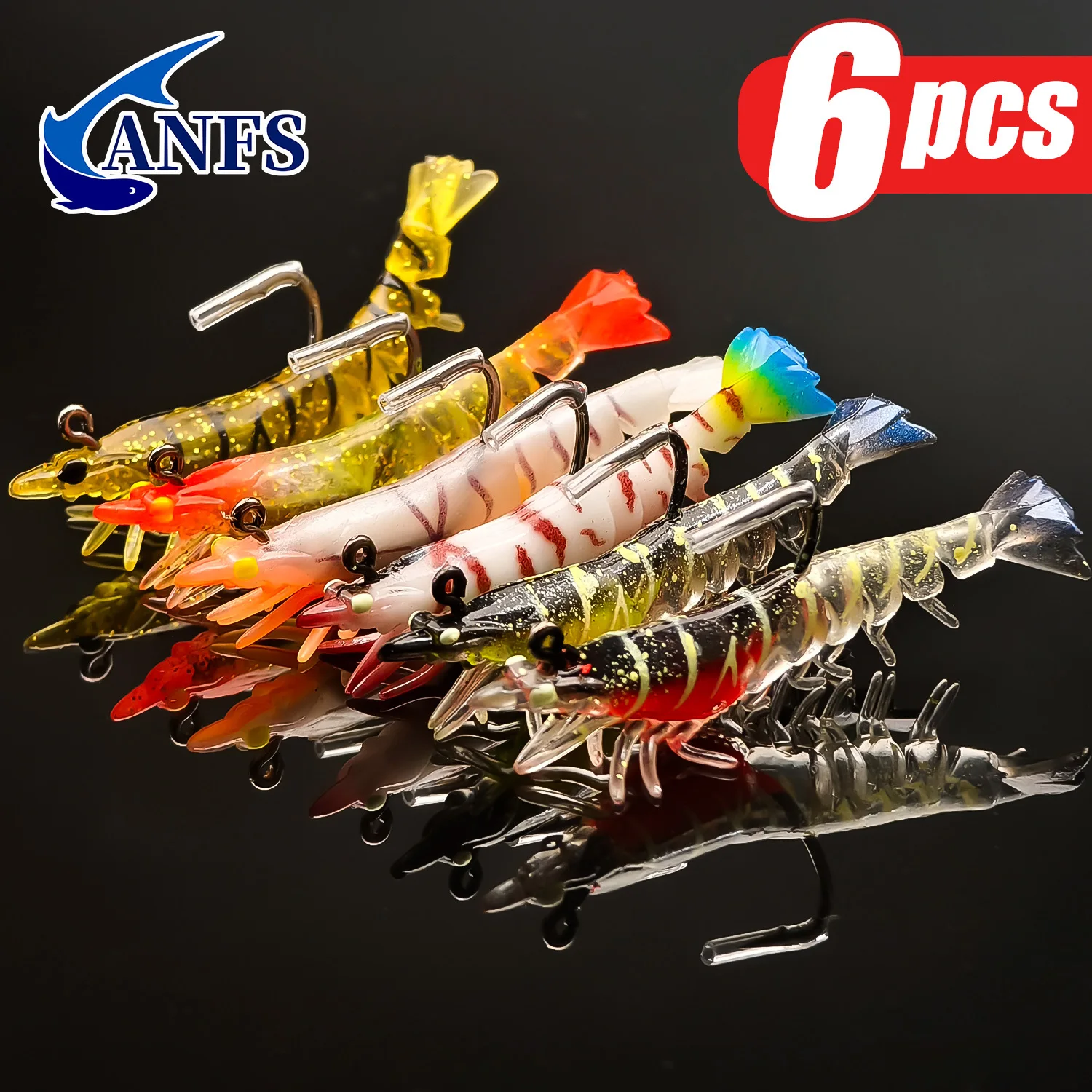 Set de 6 señuelos de camarón ANFS en PVC blando con detalles realistas
