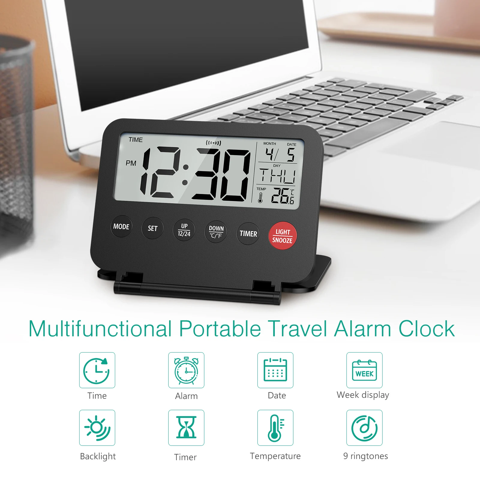 Reloj despertador ORIA plegado mostrando el diseño compacto