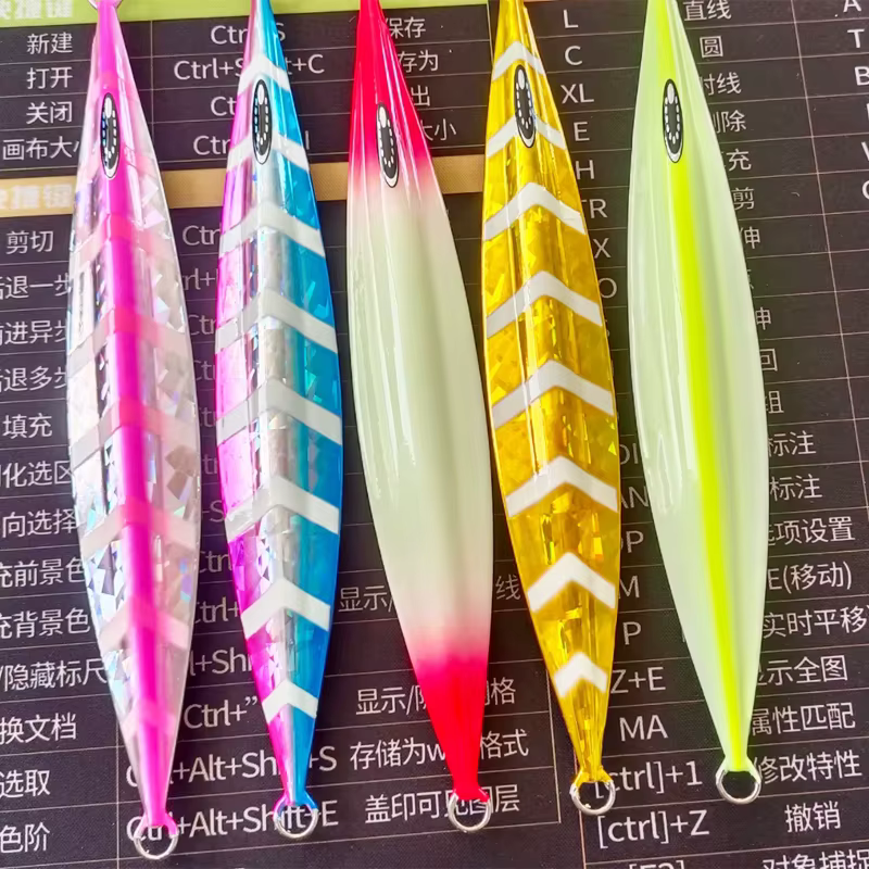 Jig de paso lento en metal hundible brillante, caída lenta luminoso