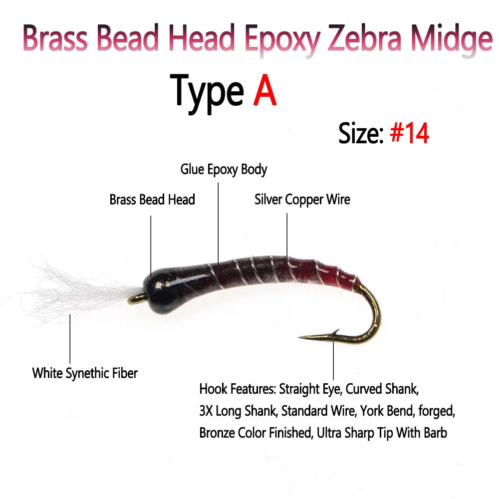 Mosca Zebra Midge Bimoo #14 – Cabeza latón epoxi con cobre para trucha - imagen 3