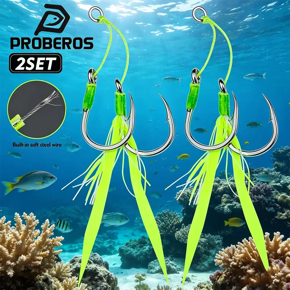 Anzuelos dobles Jigging de acero Proberos con falda silicona barbilla - imagen 5