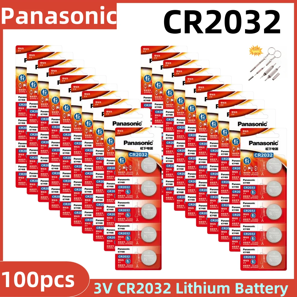 Lote de 100 pilas Panasonic CR2032 de litio 3V para reloj, calculadora y control remoto