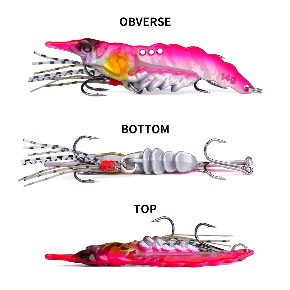 Gamba VIB rojo junto a un señuelo de perfil plano, comparativa de tamaño y forma
