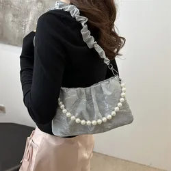 Bolso bandolera con cadena de cuentas plisado de cuero PU elegante