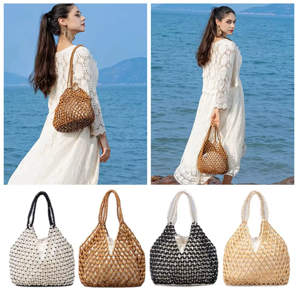 Bolso bandolera tipo cubo con cuentas, tejido a mano, para mujer - imagen 4