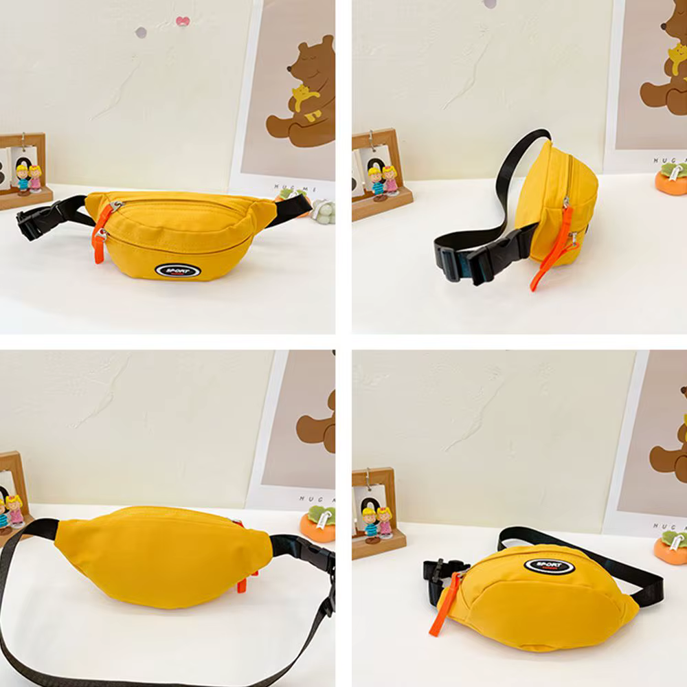 Bolso de pecho infantil en colores verde y amarillo, vista completa