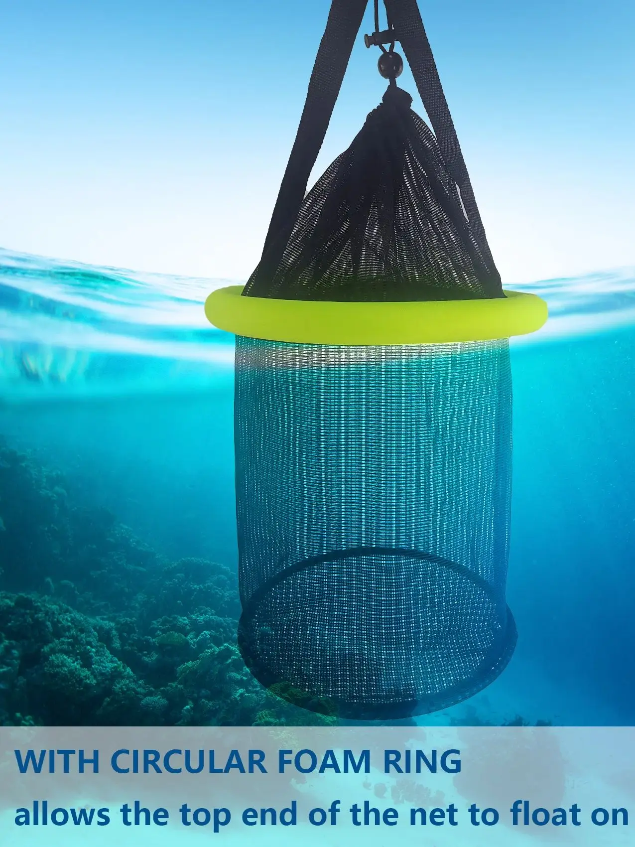 Cesta flotante Aventik manteniendo el cebo vivo en la superficie