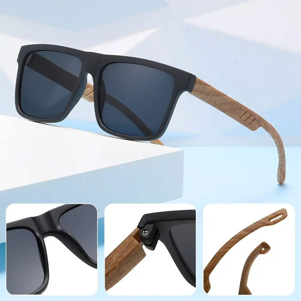 Gafas de sol retro efecto madera, montura cuadrada UV400 bisagra resorte - imagen 5