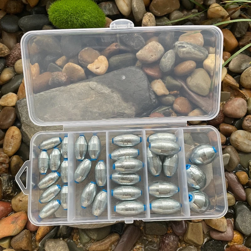 Caja completa con los 30 plomos de pesca en aleación