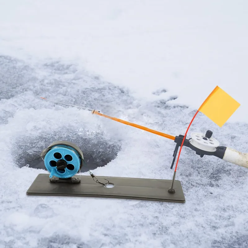 Caña pesca en hielo con marcador de bandera plegable naranja