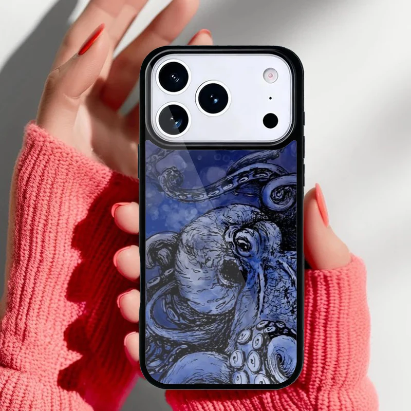Funda para iPhone con diseño de pulpo en tonos azules y blancos