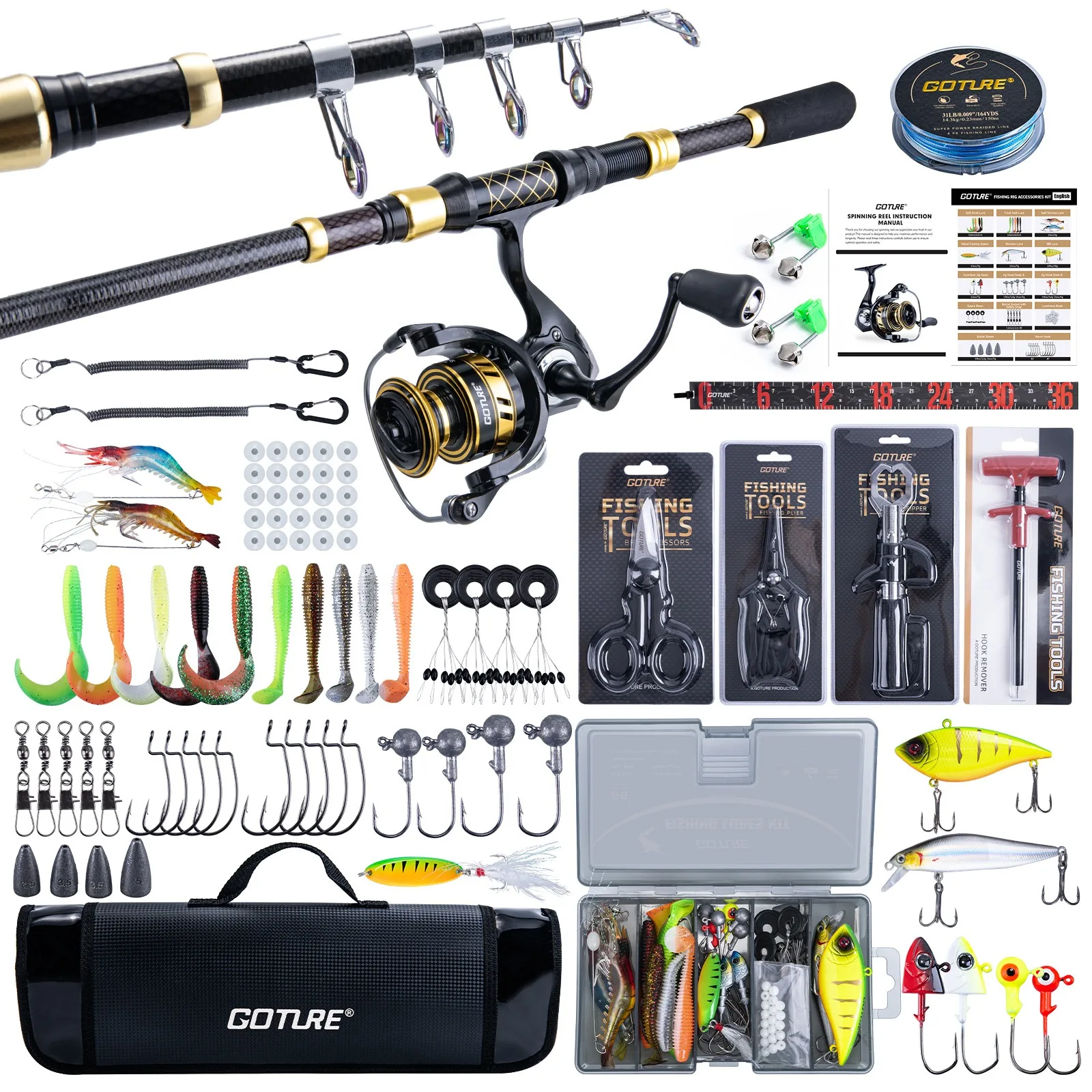 Kit de pesca Goture con caña telescópica, carrete y señuelos - imagen 3