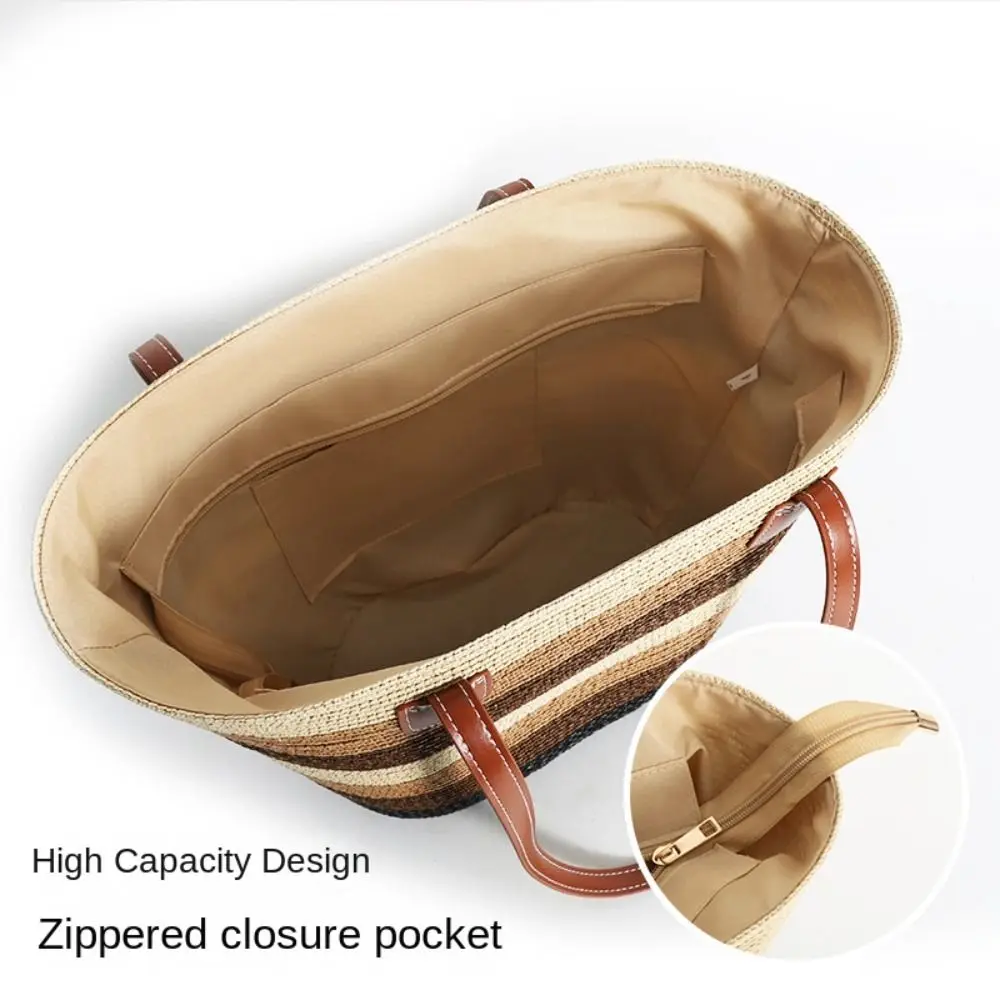 Bolso tote de paja cuadrado gran capacidad con cremallera y rayas - imagen 5