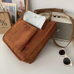 Bolso de hombro de pana vintage con cremallera y bolsillo exterior