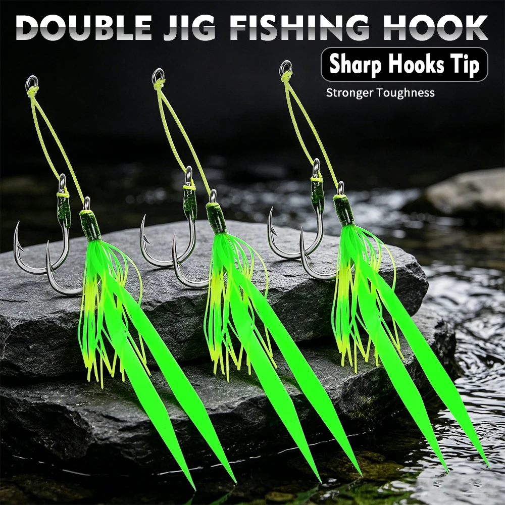 Anzuelos Dobles Jigging Ojo Grande con Pluma Verde Proberos – Acero - imagen 3