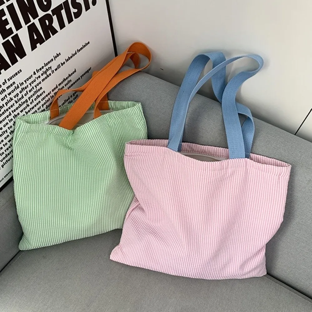 Bolso de hombro de lona con cremallera cuadrado a rayas gran capacidad