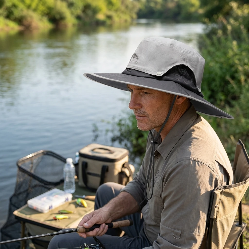 Sombrero de pesca ala ancha transpirable con protección UV ajustable