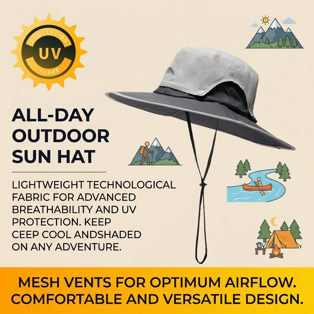 Sombrero de pesca ala ancha transpirable con protección UV ajustable - imagen 4