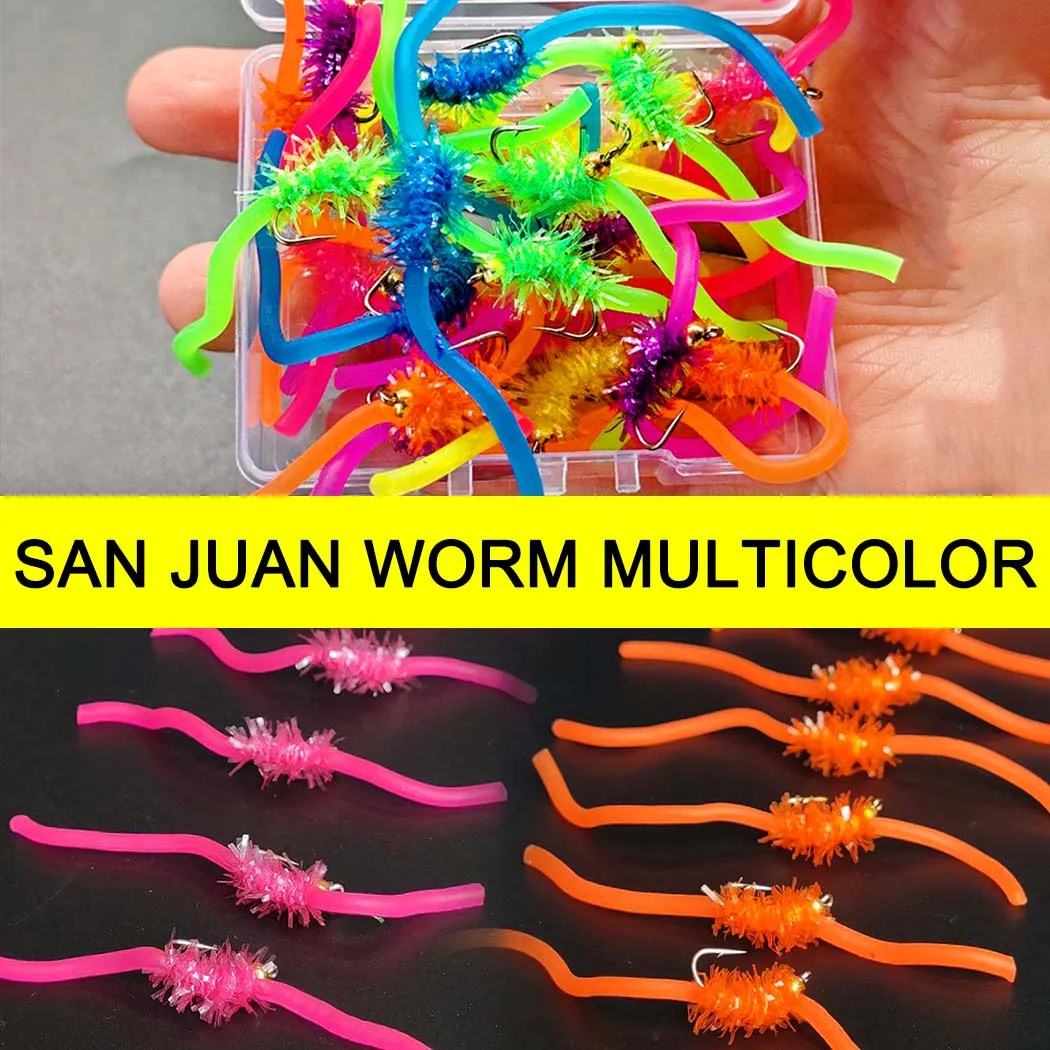 Moscas tipo San Juan Worm Power Bead en caja de moscas