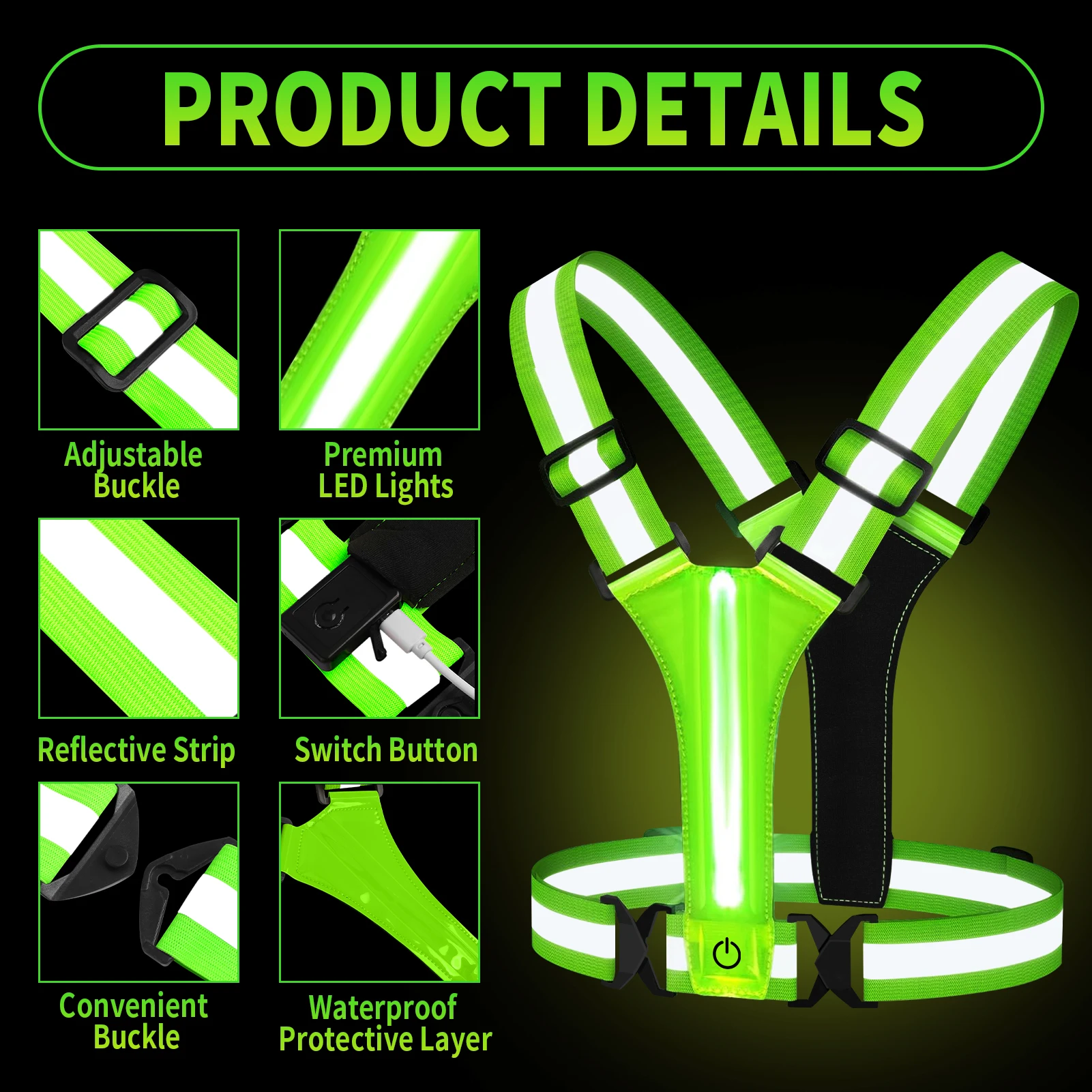 Chaleco reflectante LED USB recargable – Alta visibilidad para correr - imagen 4