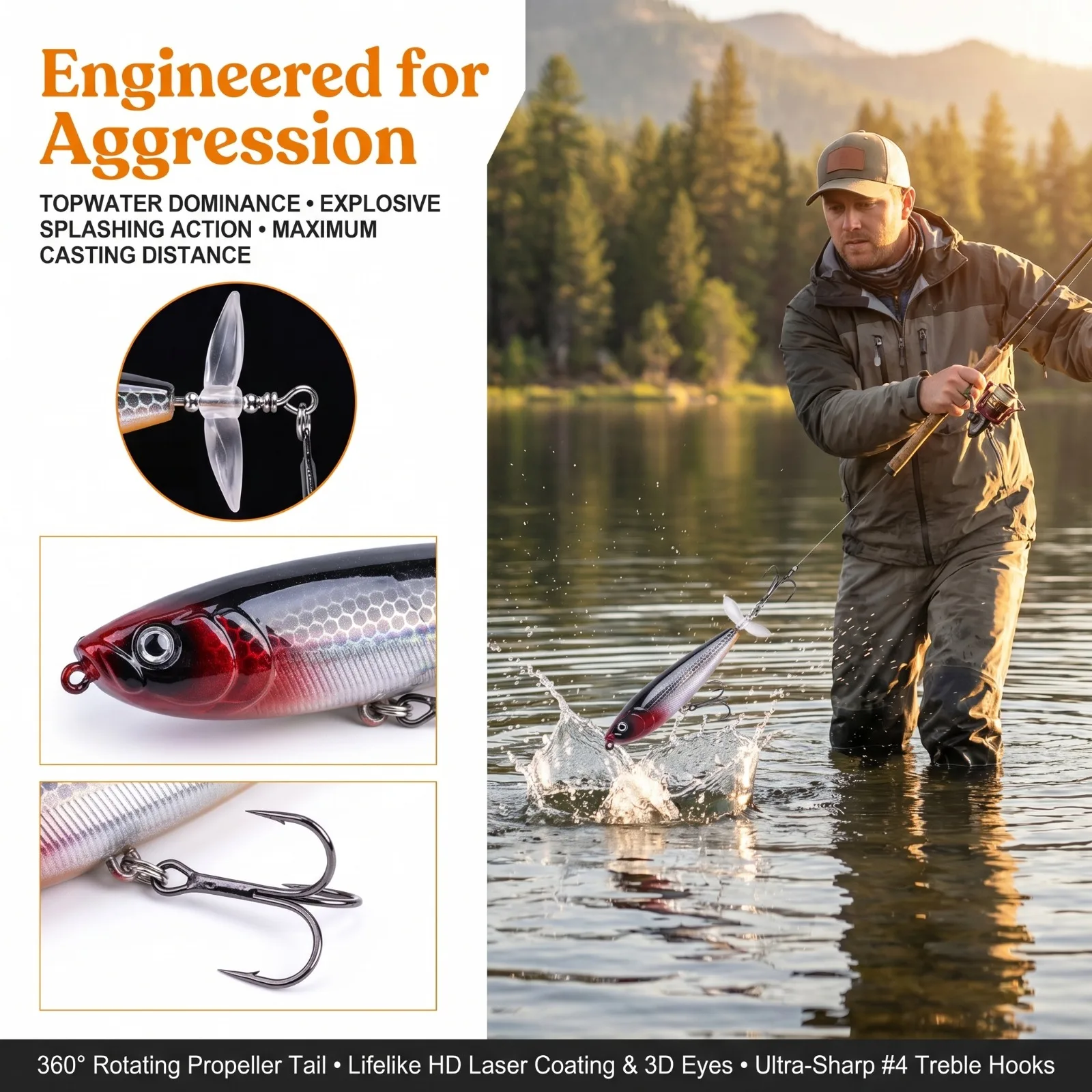 Goture plopper topwater flotante con cola giratoria para lucio