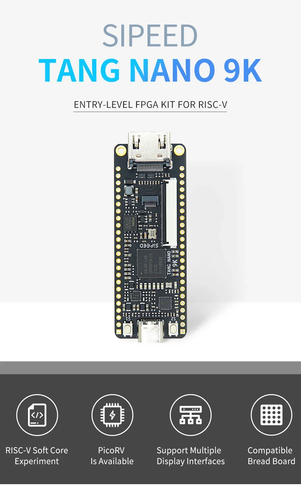 Vista de la Placa de Desarrollo FPGA Sipeed Tang Nano 9K con salidas y conectores