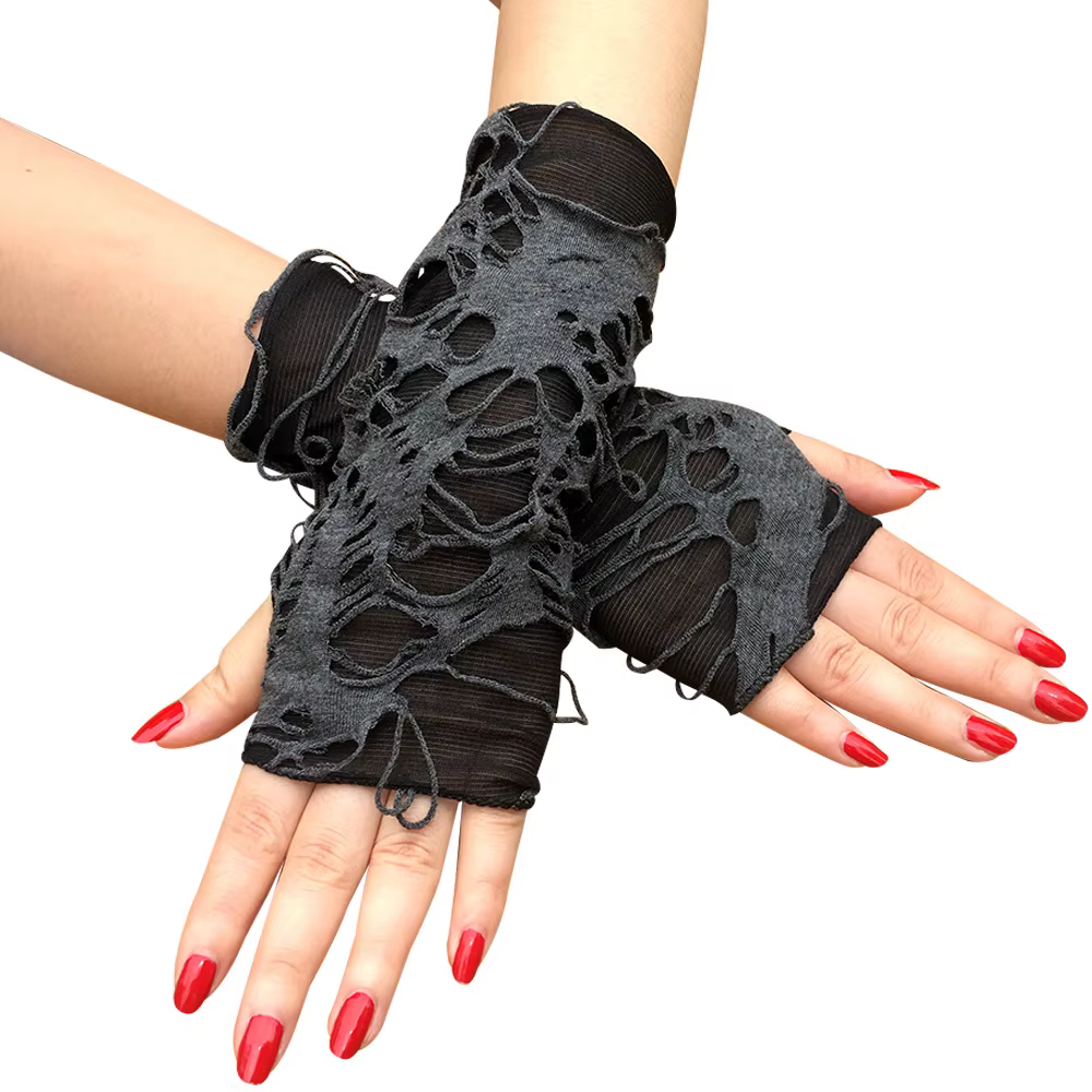 Guantes góticos negros sin dedos con diseño punk rasgado