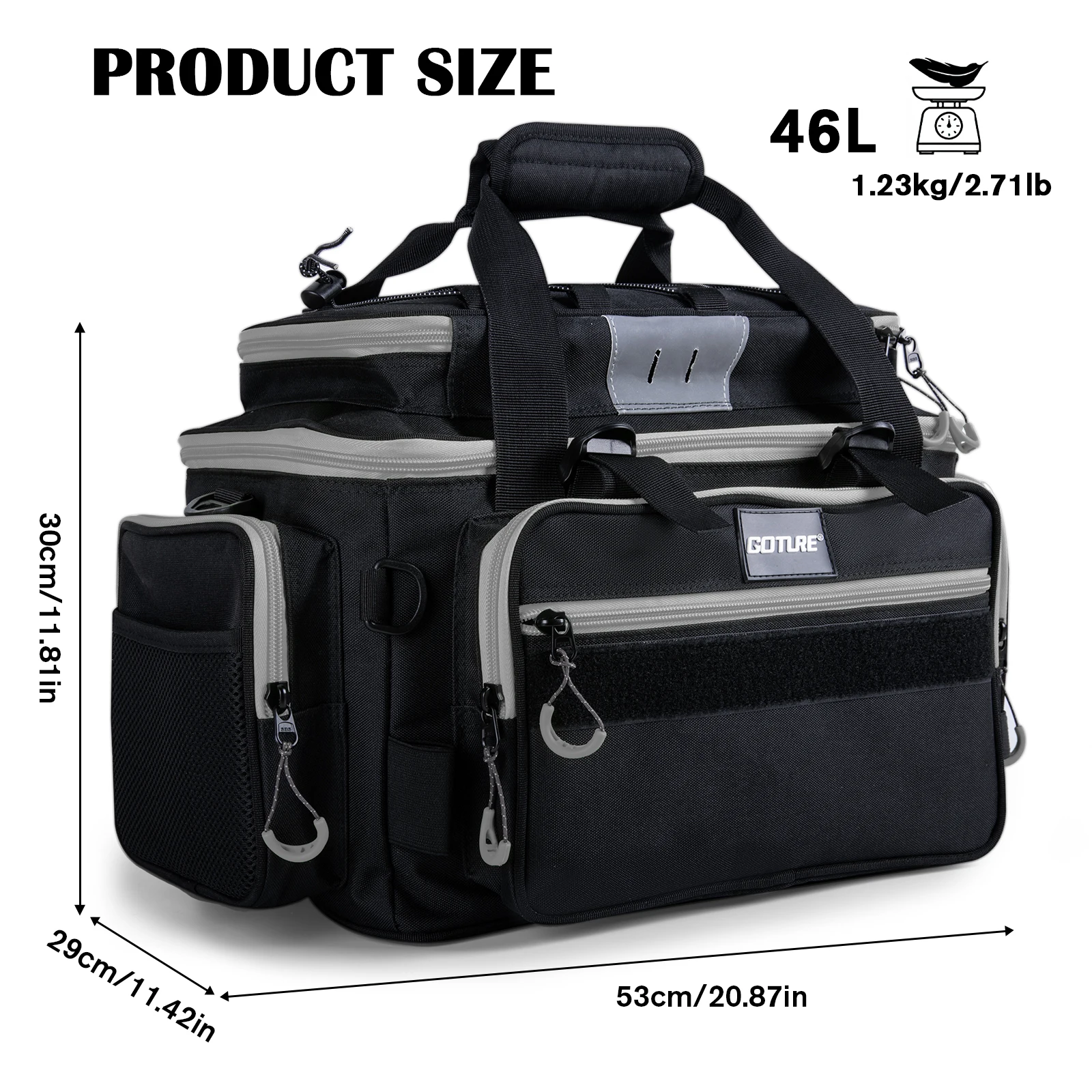Vista frontal del Goture Bolso de hombro para pesca con compartimentos visibles