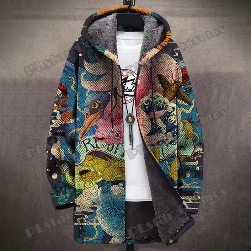 Chaqueta Abrigo Largo con Capucha Estampado 3D Grulla – Estilo Japonés - imagen 4