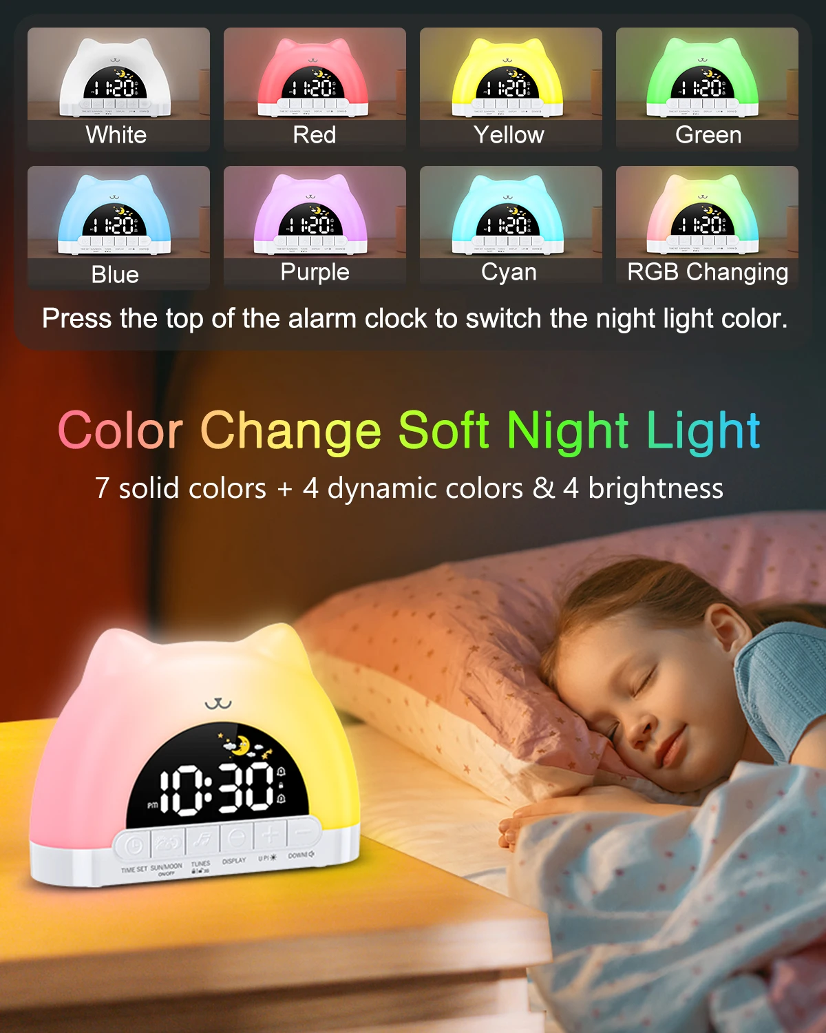 Reloj despertador ORIA infantil con luz nocturna 11 colores y bloqueo - imagen 2