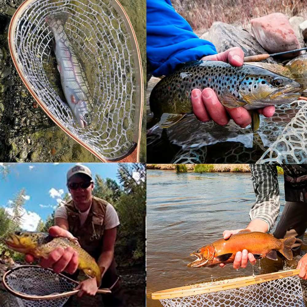 Salabardo de pesca con malla de goma y mango de madera para mosca - imagen 4
