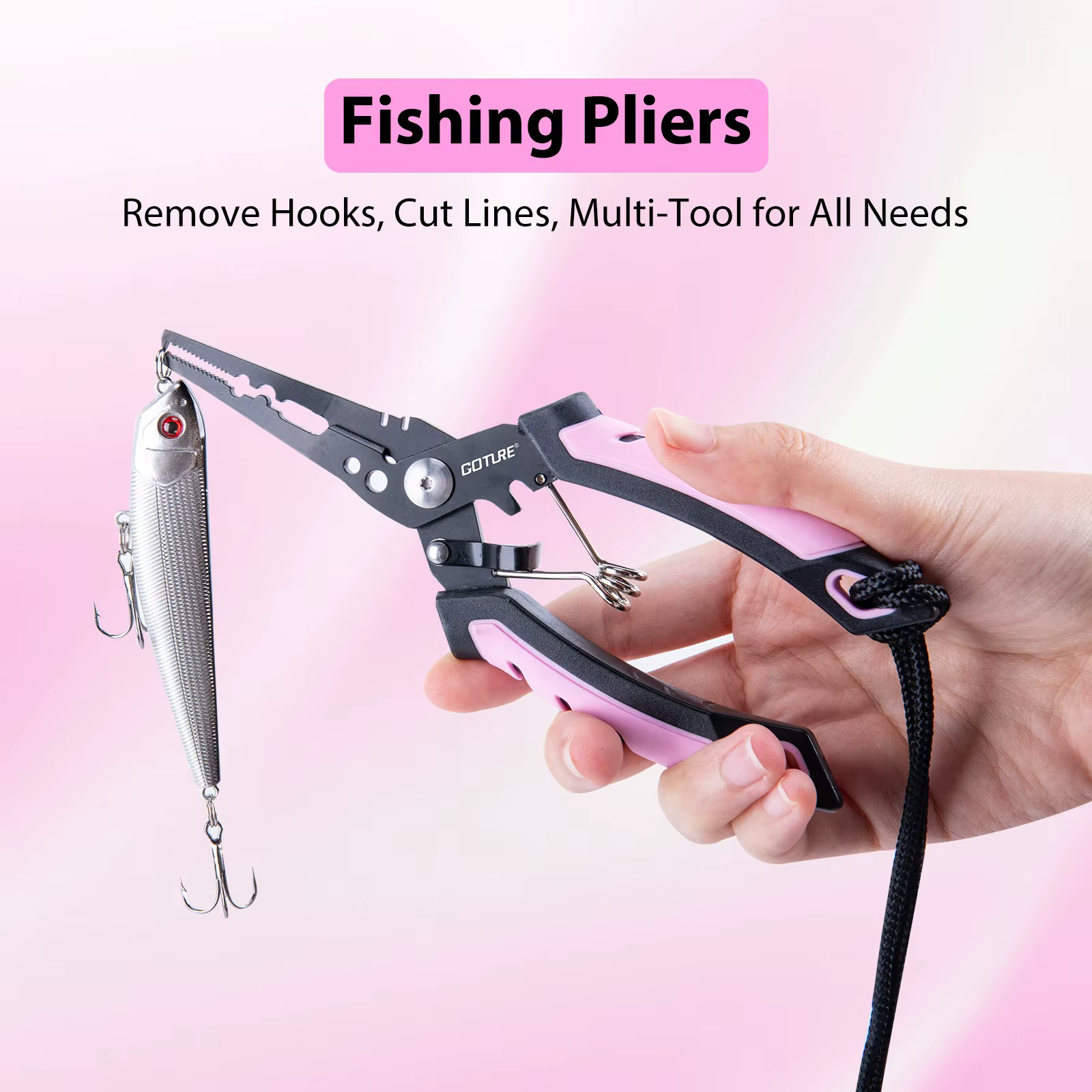 Alicates multifuncionales del kit de pesca Goture con acabado en acero inoxidable