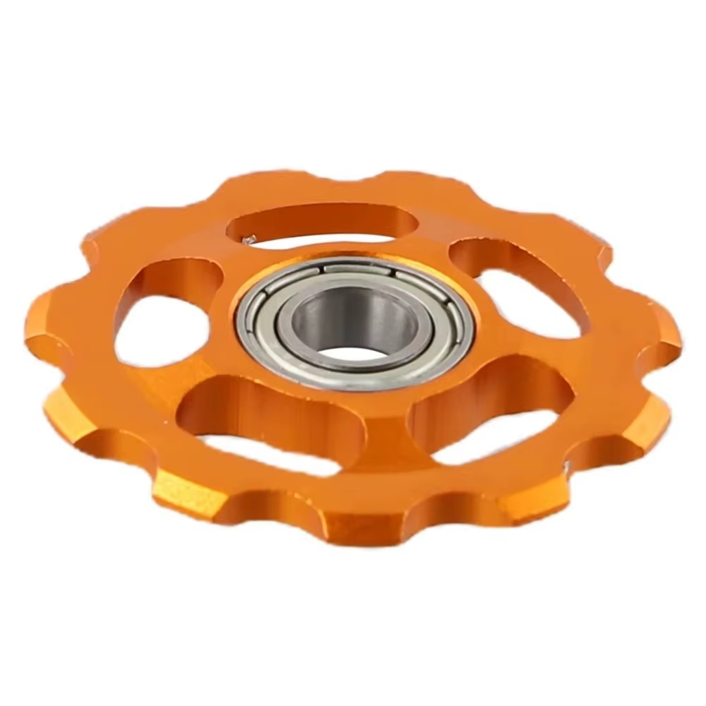 Polea de aluminio CNC anodizado en tonos rojo, azul, negro, dorado y plata