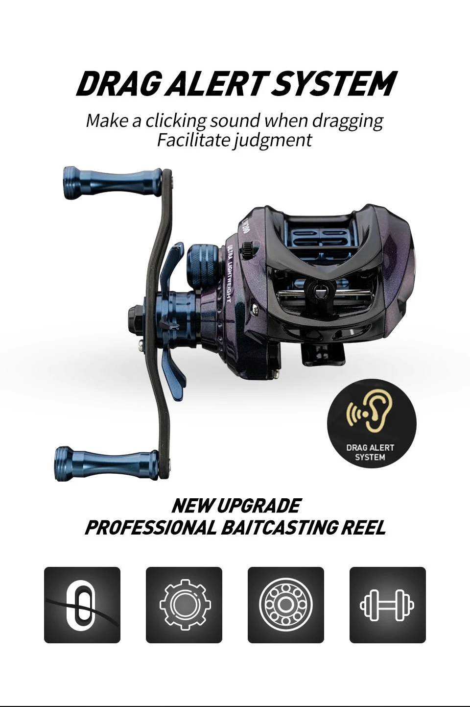 Carrete baitcasting vista frontal con detalle del knob